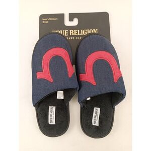 True Religion Horseshoe Slides Slippers Light Blue Denim Black Mens 7-8‎